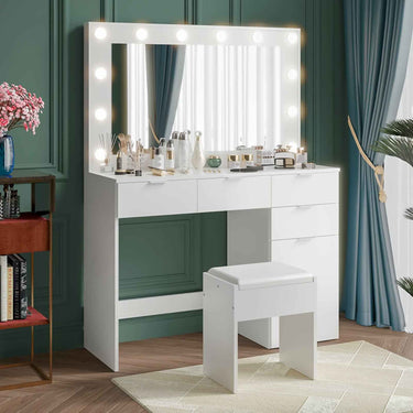 Dressing Table Stool Set With Large Make Up Mirror 12 LED Bulbs Vanity Desk With 4 Storage Drawers And 1 Cabinet For Women Girls Wooden Home Bedroom Furniture White